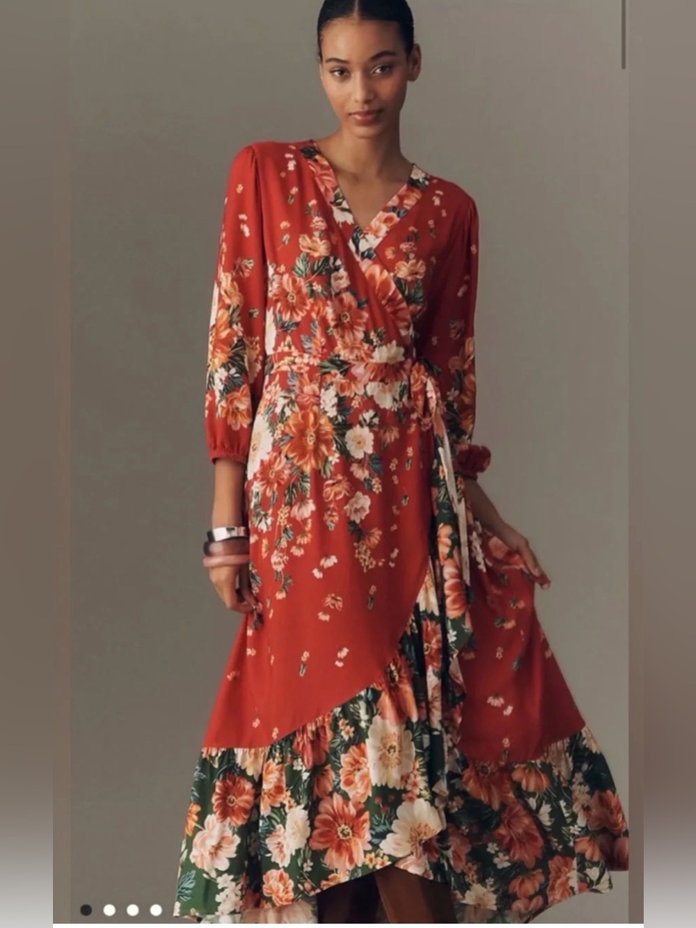 FARM Rio Rust Floral Wrap Midi Dress